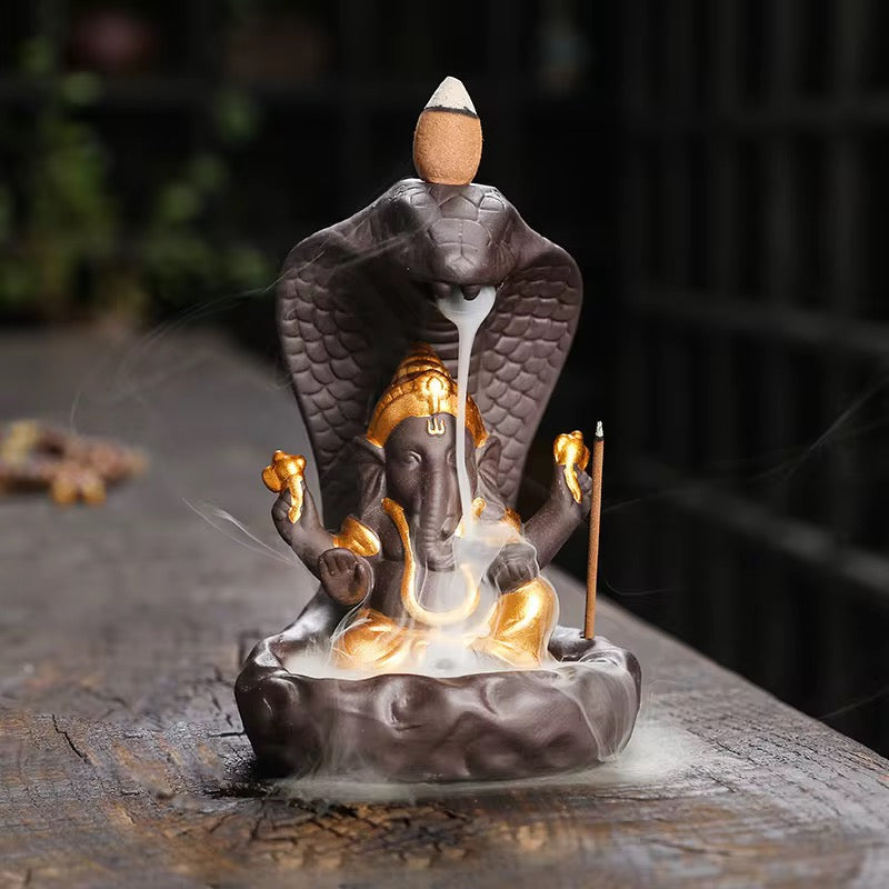Lord Ganesh on Cobra Snake Back Flow Incense Holder