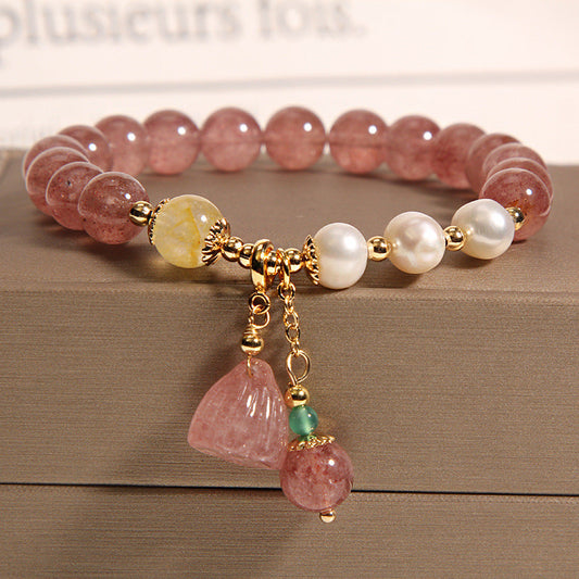 Strawberry Quartz Freshwater Pearl Charm Bracelet (8mm)