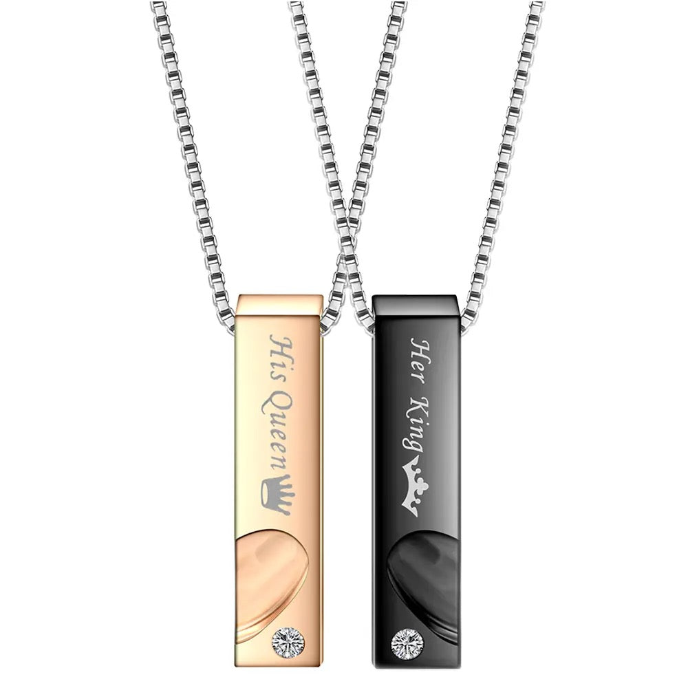 Stainless Steel King & Queen Distance Couple Necklaces 2pc