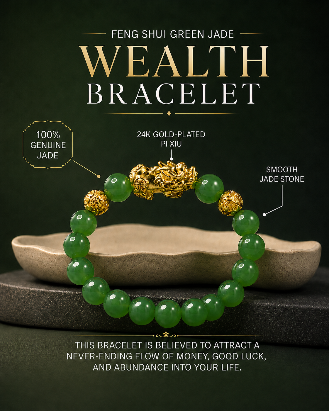 Feng Shui PiXiu Jade Wealth Bracelet 10mm (18k Gold Plated)