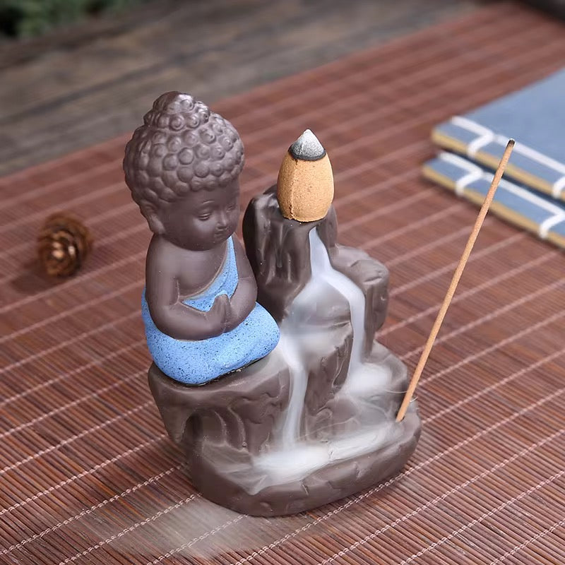 Ceramic Mini Buddha Designed Back-Flow Incense Holder + 10 Free Incense Cones