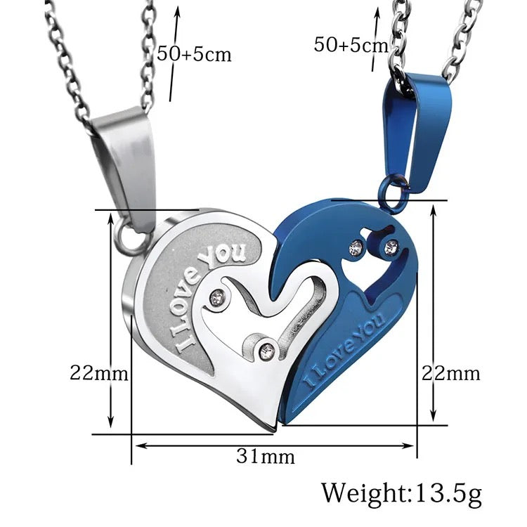 Stainless Steel “I Love You” Couples Distance Heart Necklace 2pc