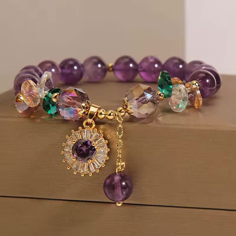 Natural Amethyst Zircon Flower Charm Bracelet (8MM Beads)