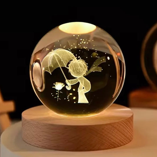 3D Laser Engraved 8cm Glass Crystal Ball Lamp (Boy with Umbrella)