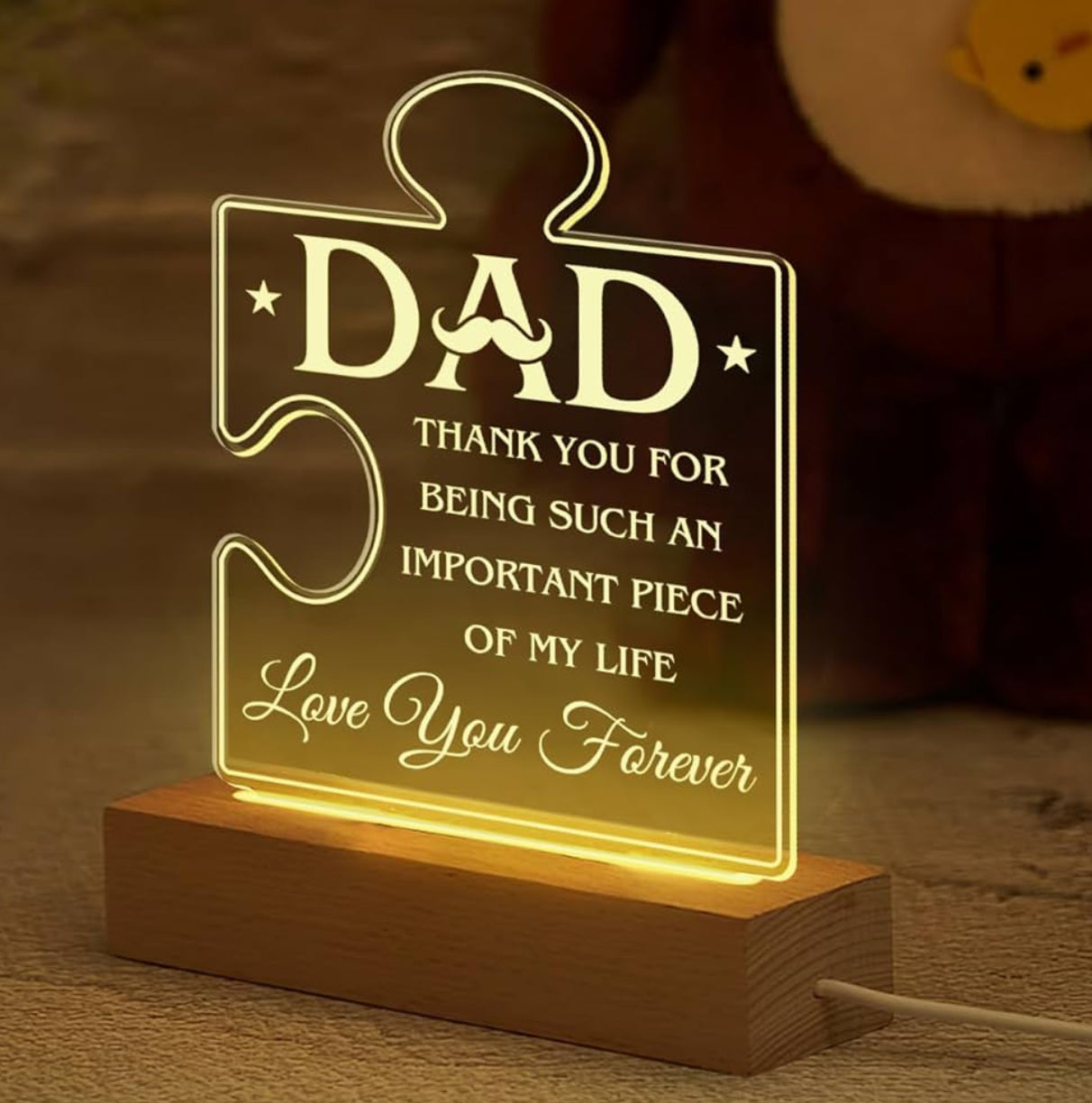 Father’s Love 3D Acrylic Night Lamp With Wooden Base - Puzzle Design