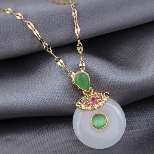 Large Korean Clear Jade Donut Cat Eye Quartz Evil Eye Necklace