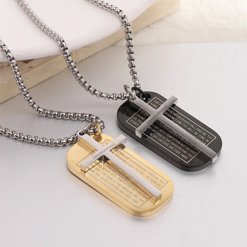 Stainless Steel Jesus “Emmanuel” Silver Cross With “Our Father Prayer” Engraved Dog Tag Necklace Combo