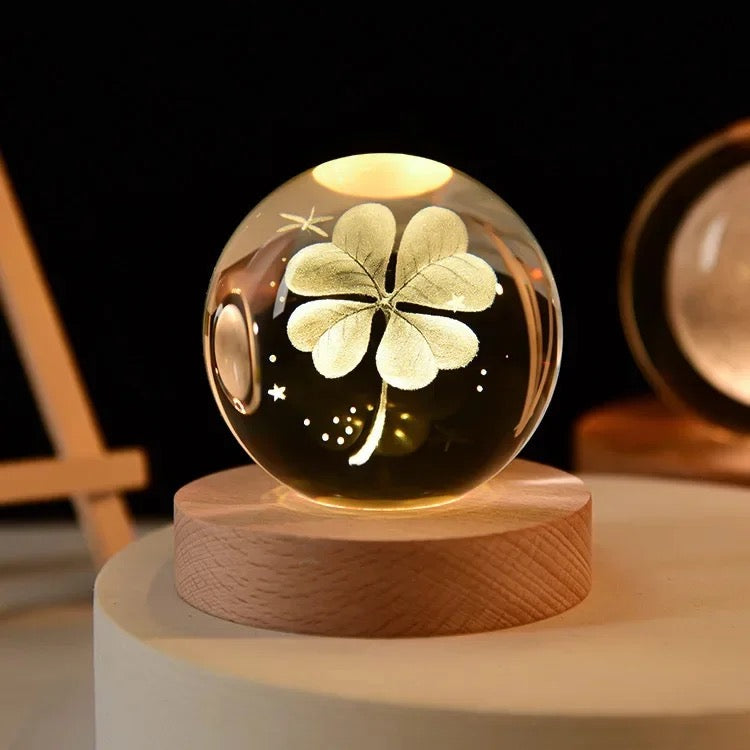 3D Laser Engraved 8cm Glass Crystal Ball Lamp (Lucky 4-Leaf Clover )