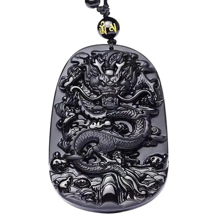 Dragon Carved Obsidian Stone Adjustable Necklace