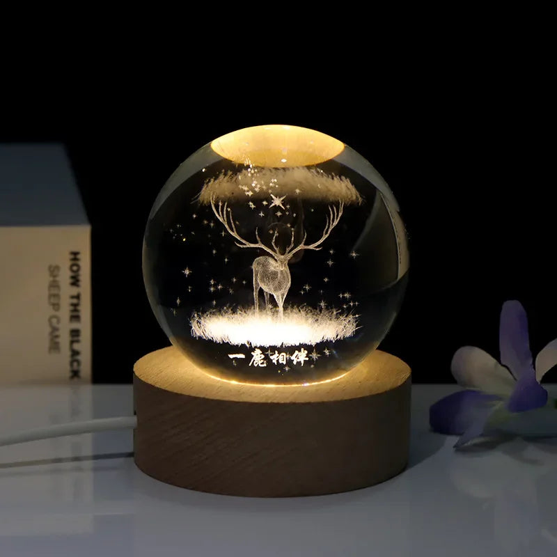 3D Laser Engraved 8cm Glass Crystal Ball Lamp (Reindeer)