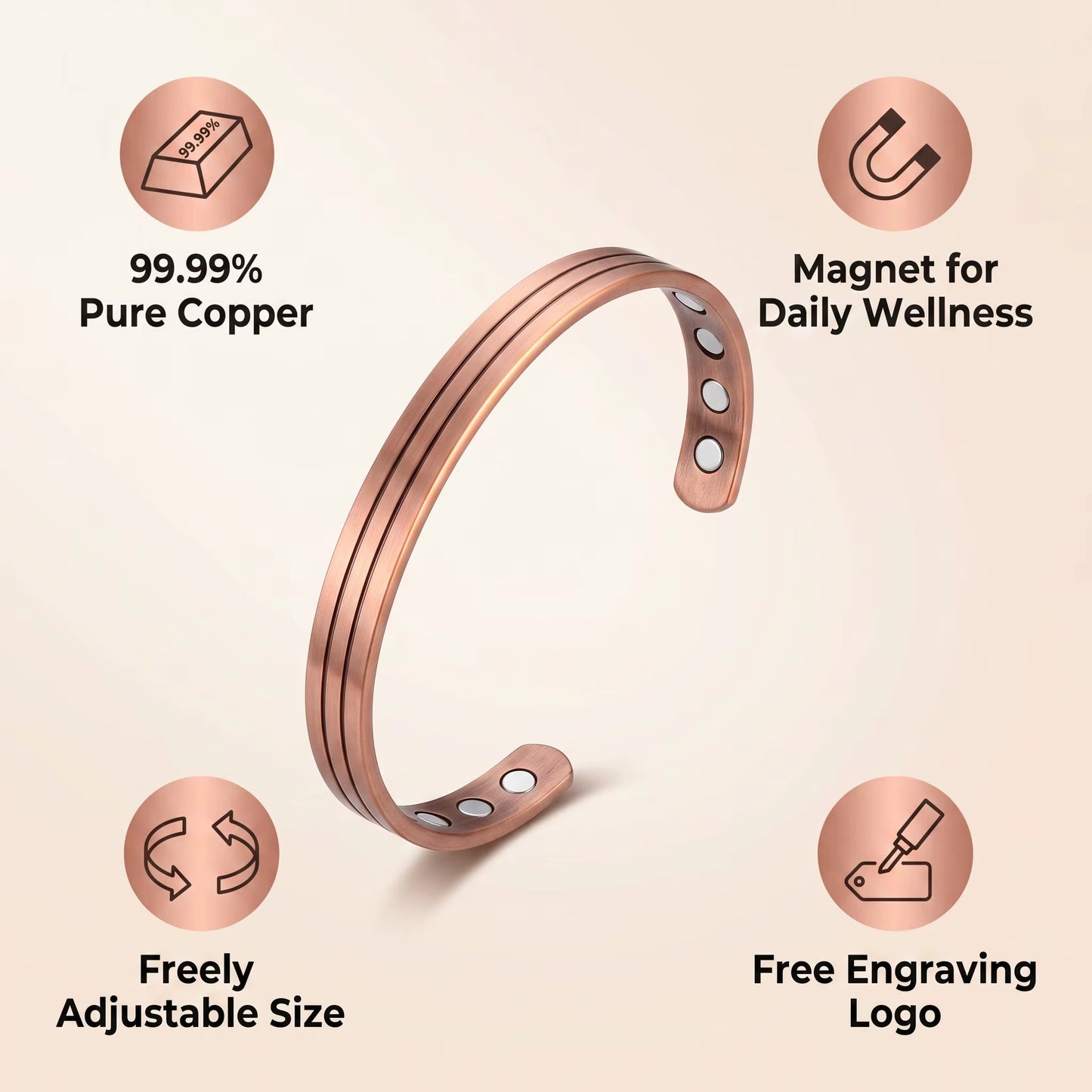 Adjustable Ultra Strength Pure Copper Magnetic Bracelet & Ring Set  (99.99% Copper)
