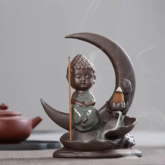 Ceramic Buddha Designed Back-Flow Incense Holder + 10 Free Incense Cones