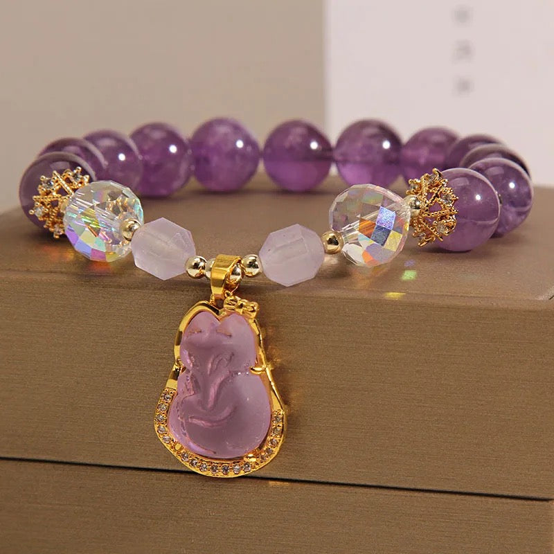 Natural Amethyst Zircon Fox Charm Bracelet (10mm Beads)