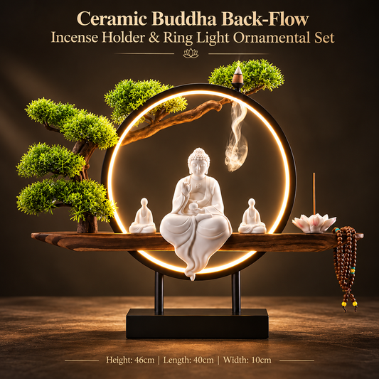 Ceramic Buddha Back-Flow Incense Holder & Ring Light Ornamental Set