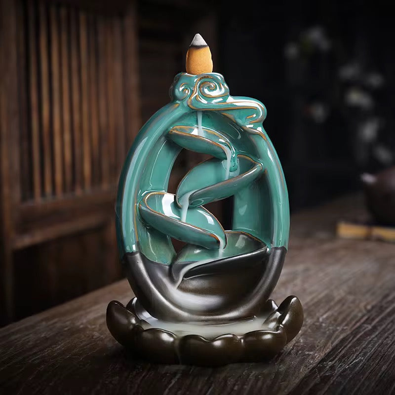 Ceramic Zen Style Chinese Back-Flow Incense Holder + 10 Free Incense Cones