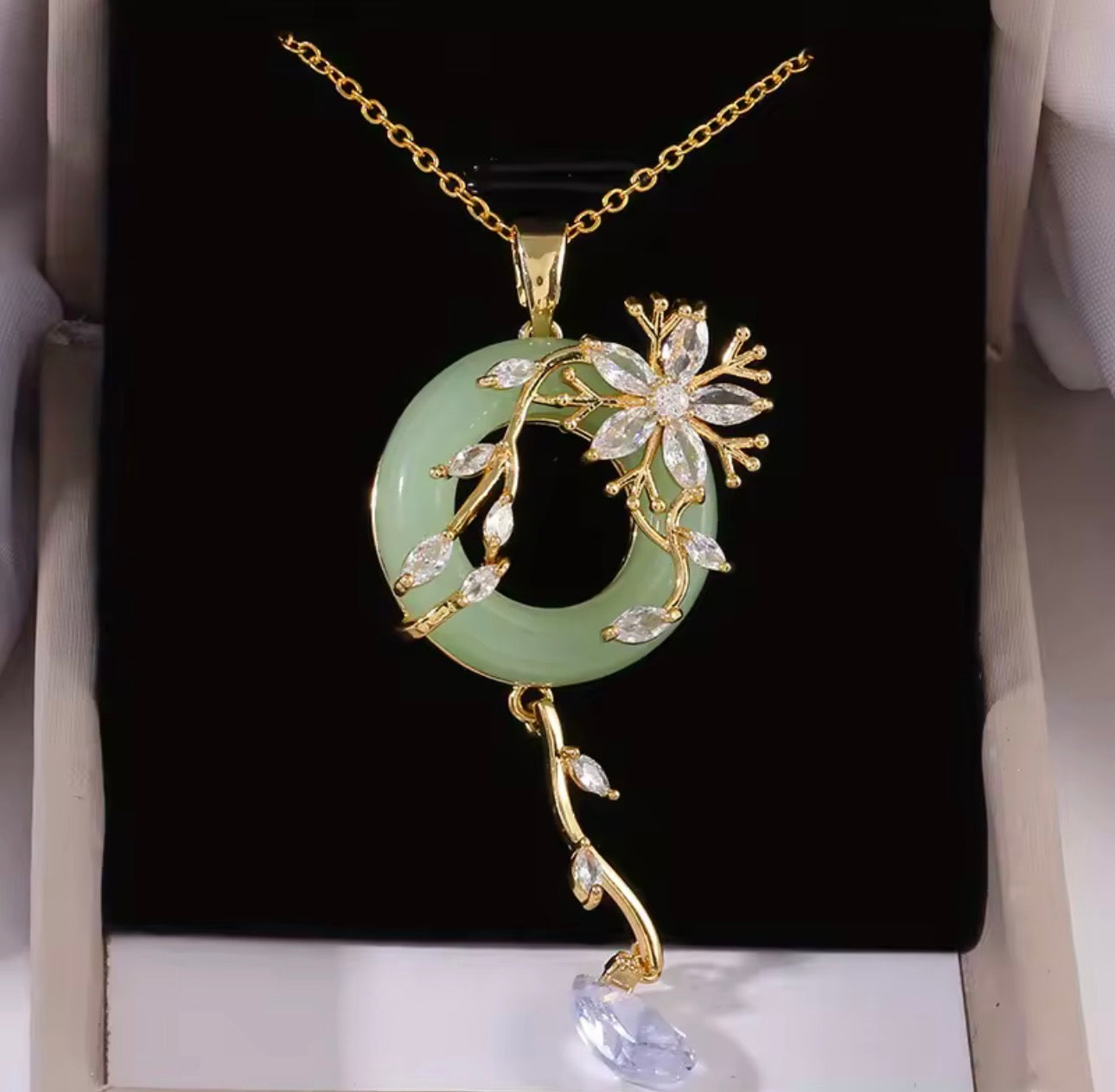 Stainless Steel Zircon Vine Flower Jade Necklace