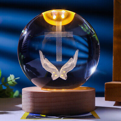 3D Laser Engraved 8cm Glass K9 Crystal Ball Lamp (Christian Prayer Cross)