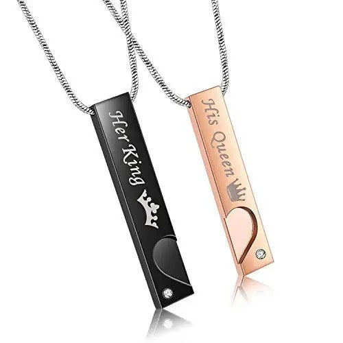 Stainless Steel King & Queen Distance Couple Necklaces 2pc