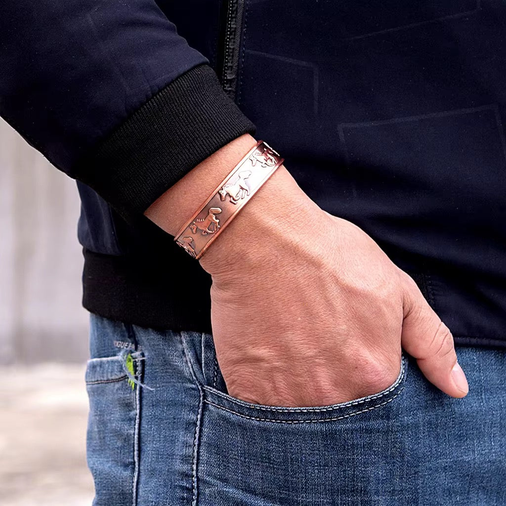Adjustable Ultra Strength Pure Copper Magnetic Bracelet & Ring Set  (99.99% Copper) Embossed Running Horse Design