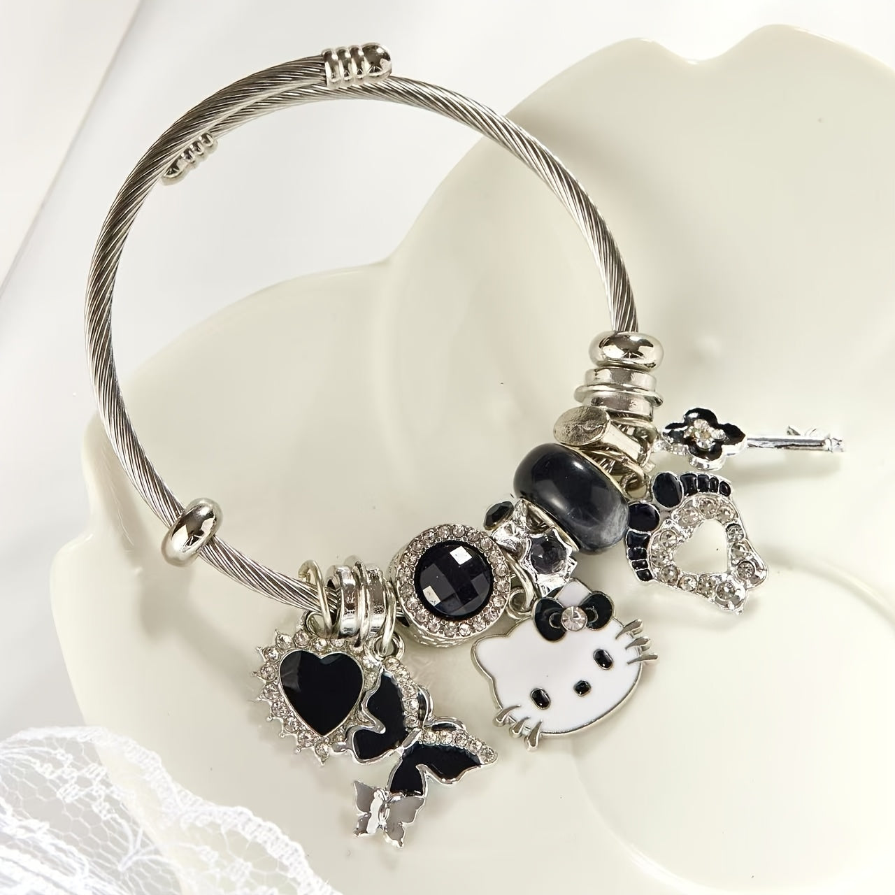 Stainless Steel Hello Kitty Black Zircon Charm Bracelet