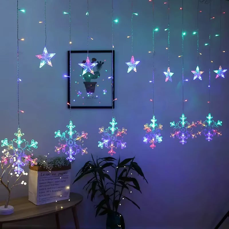 Decorative LED Curtain String Lights – Snowflake & Stars Design | RGB & Warm Yellow