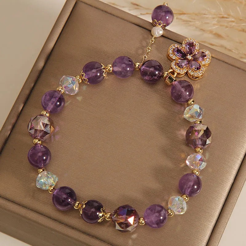 Natural Amethyst Zircon Charm Bracelet (10mm Beads)