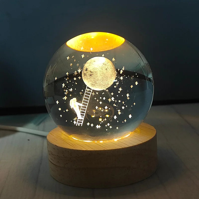 3D Laser Engraved 8cm Glass Crystal Ball Lamp Universe Astronomy Decor (Astronaut Climbing to Moon)