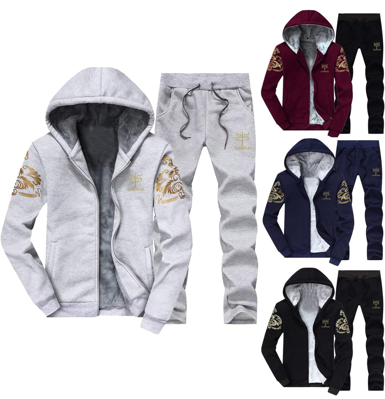 2PC Men's Classical Tracksuit Fleece Lined Hoodie & Track Pants