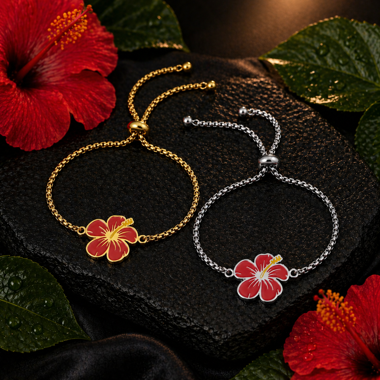 Stainless Steel Hibiscus Adjustable Bracelets