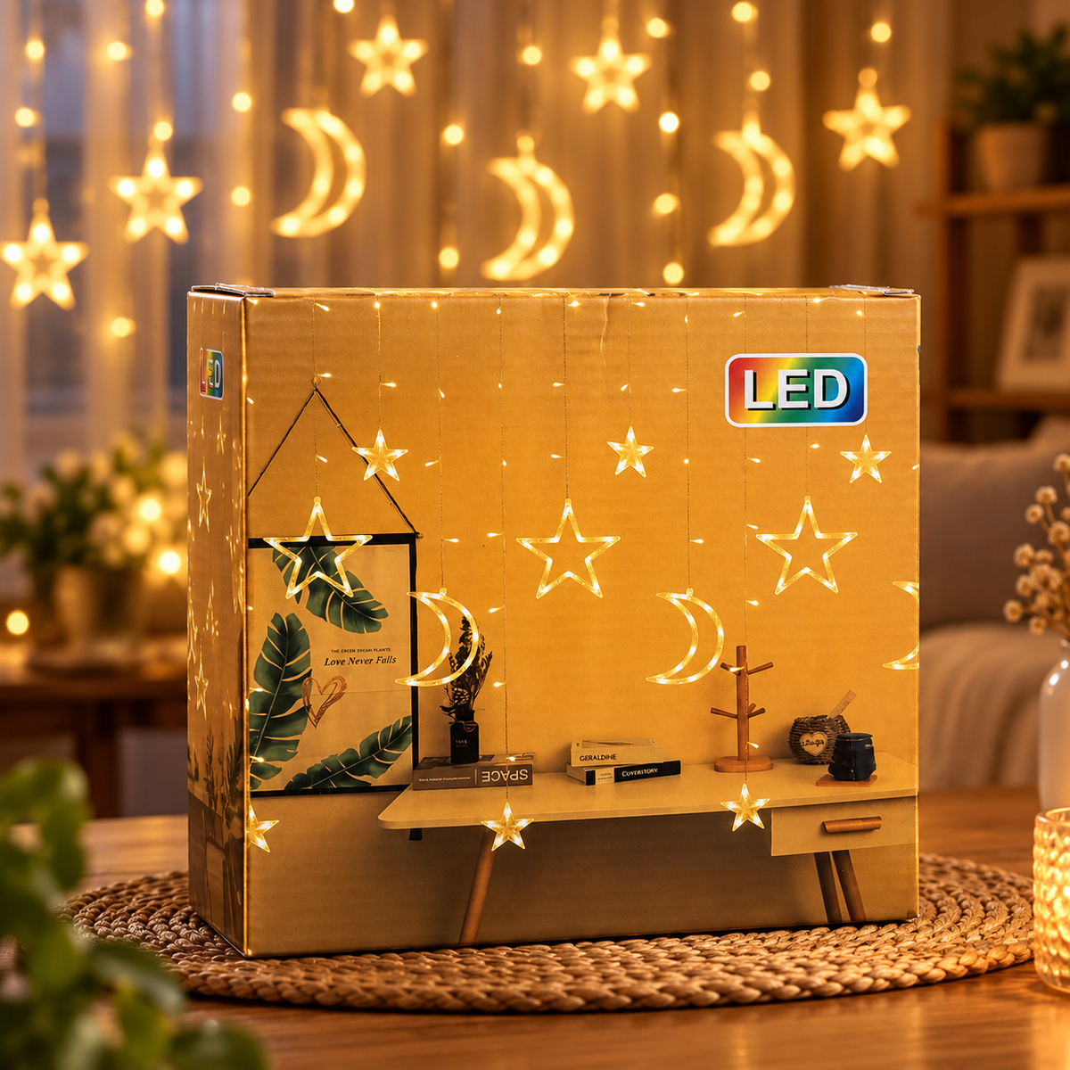 Decorative LED Curtain String Lights – Moon & Star Combined Design | RGB & Warm Yellow