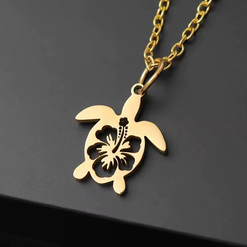 Stainless Steel Turtle Hibiscus Design Necklace