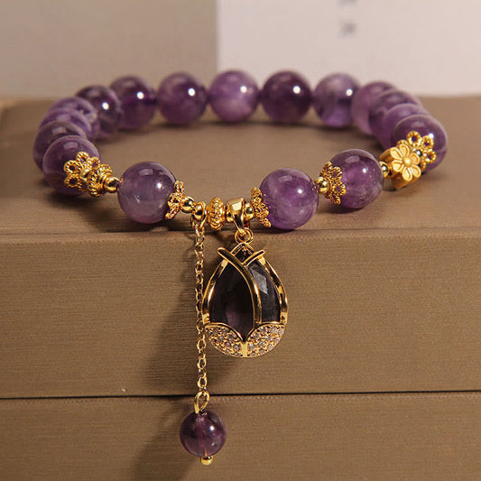 Natural Amethyst Lotus Pud Charm Bracelet (8MM Beads)