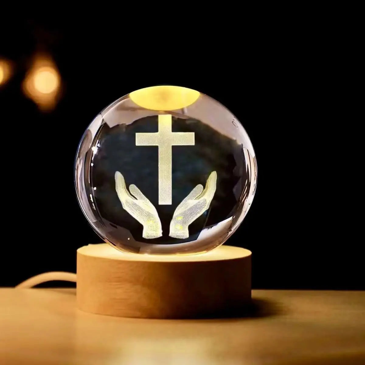 3D Laser Engraved 8cm Glass K9 Crystal Ball Lamp (Christian Prayer Cross)