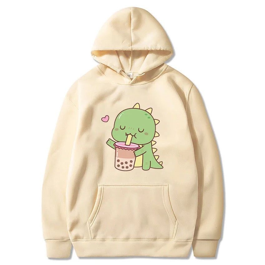 Cute Dinosaur Drinking Boba Animated Printed Hoodies