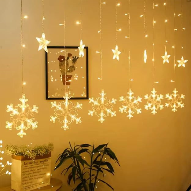 Decorative LED Curtain String Lights – Snowflake & Stars Design | RGB & Warm Yellow
