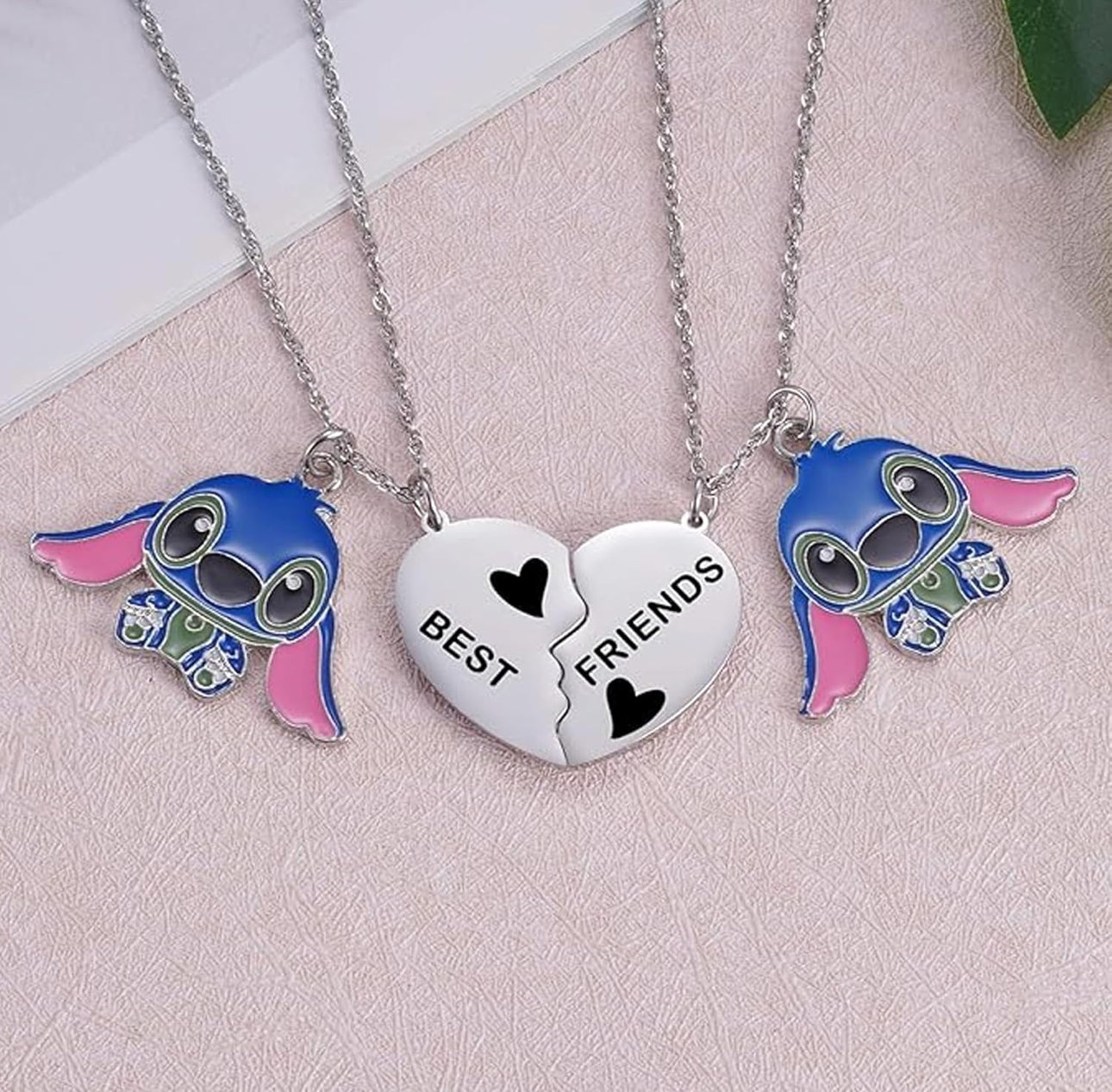 Stainless Steel Stitch BFF “Best Friend” Distance Heart Necklace 2pc