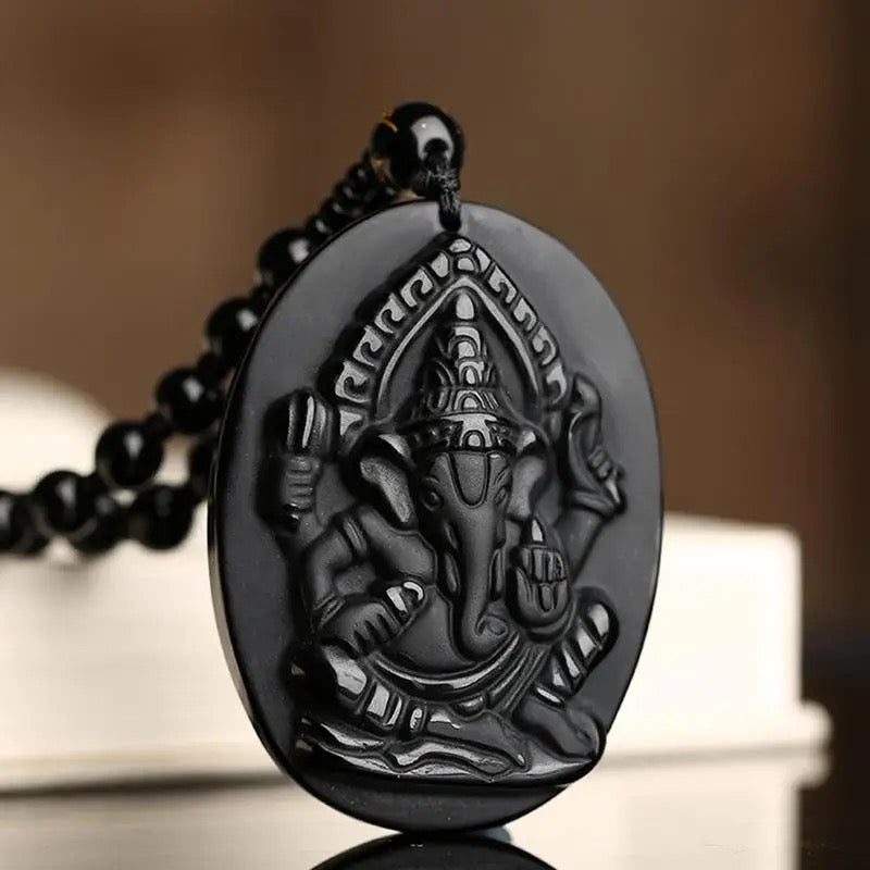 Lord Ganesh Obsidian Necklace