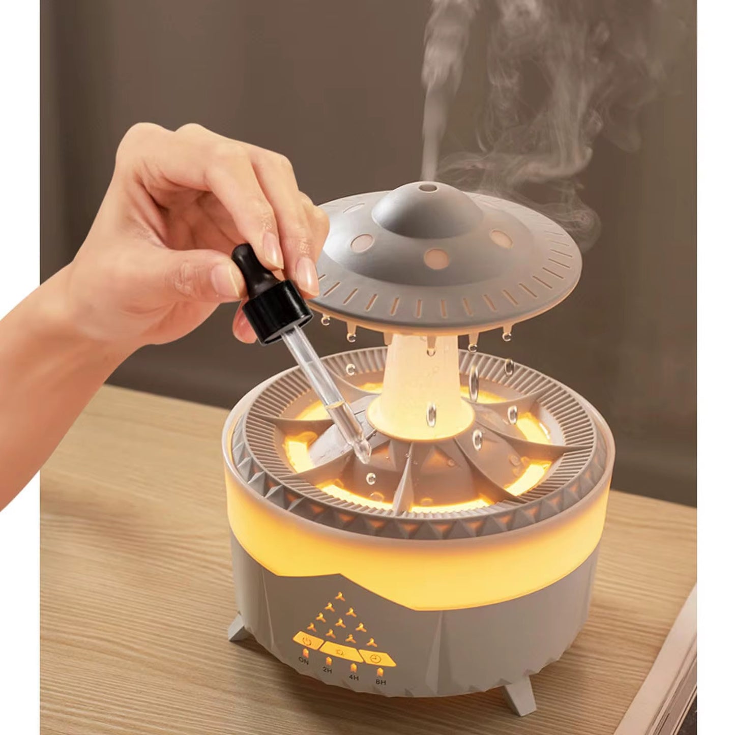 White UFO Rain Humidifier, 7-Color LED Aroma Diffuser + Remote Control