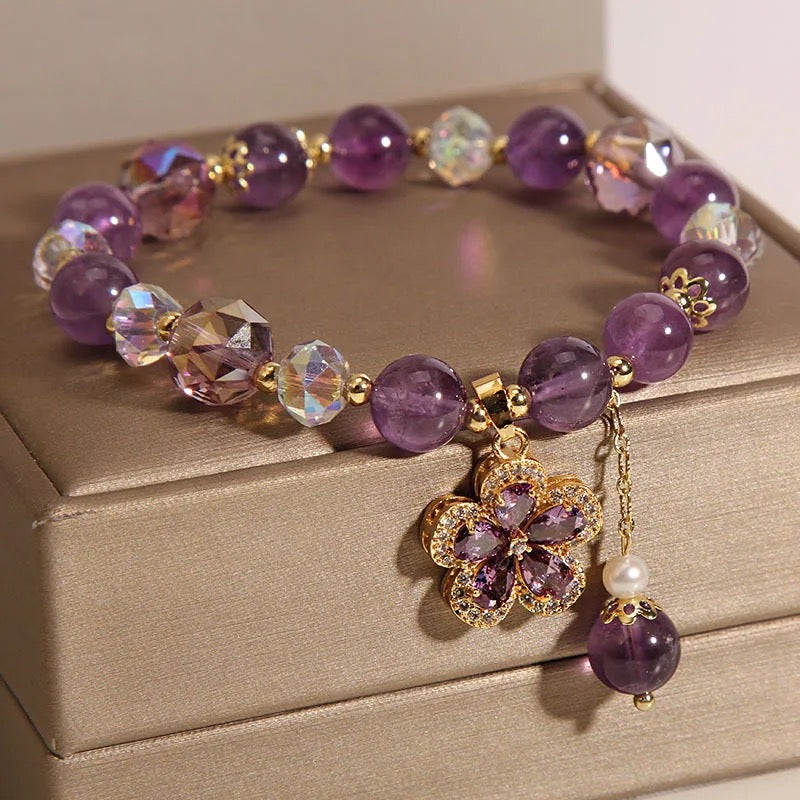 Natural Amethyst Zircon Charm Bracelet (10mm Beads)