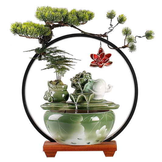 Chinese Bok choy Back-Flow Incense Holder & Waterfall Mist Maker with Ring Light Ornamental Set