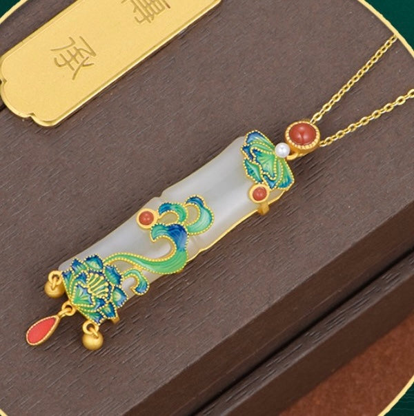 Stainless Steel White Jade Bamboo Necklace