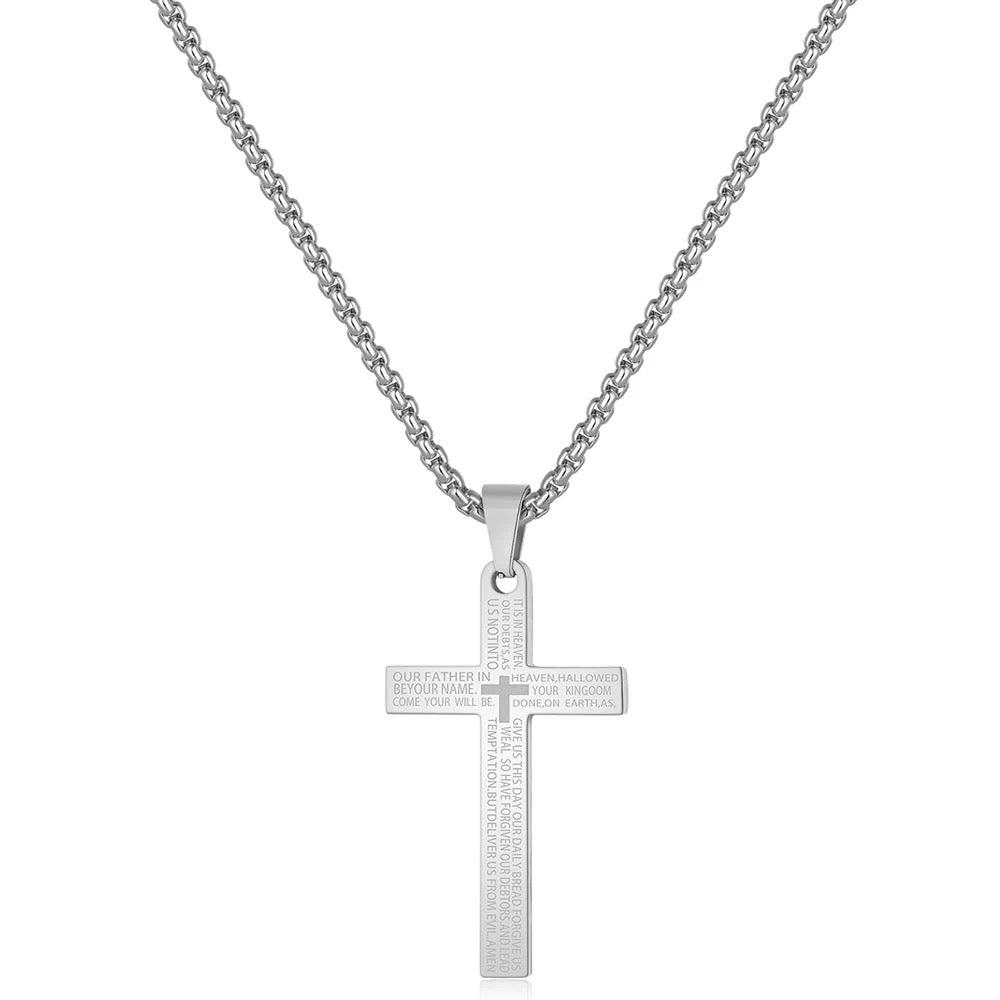 Stainless Steel Christian Cross Necklace With “Our Father Prayer” Engraved