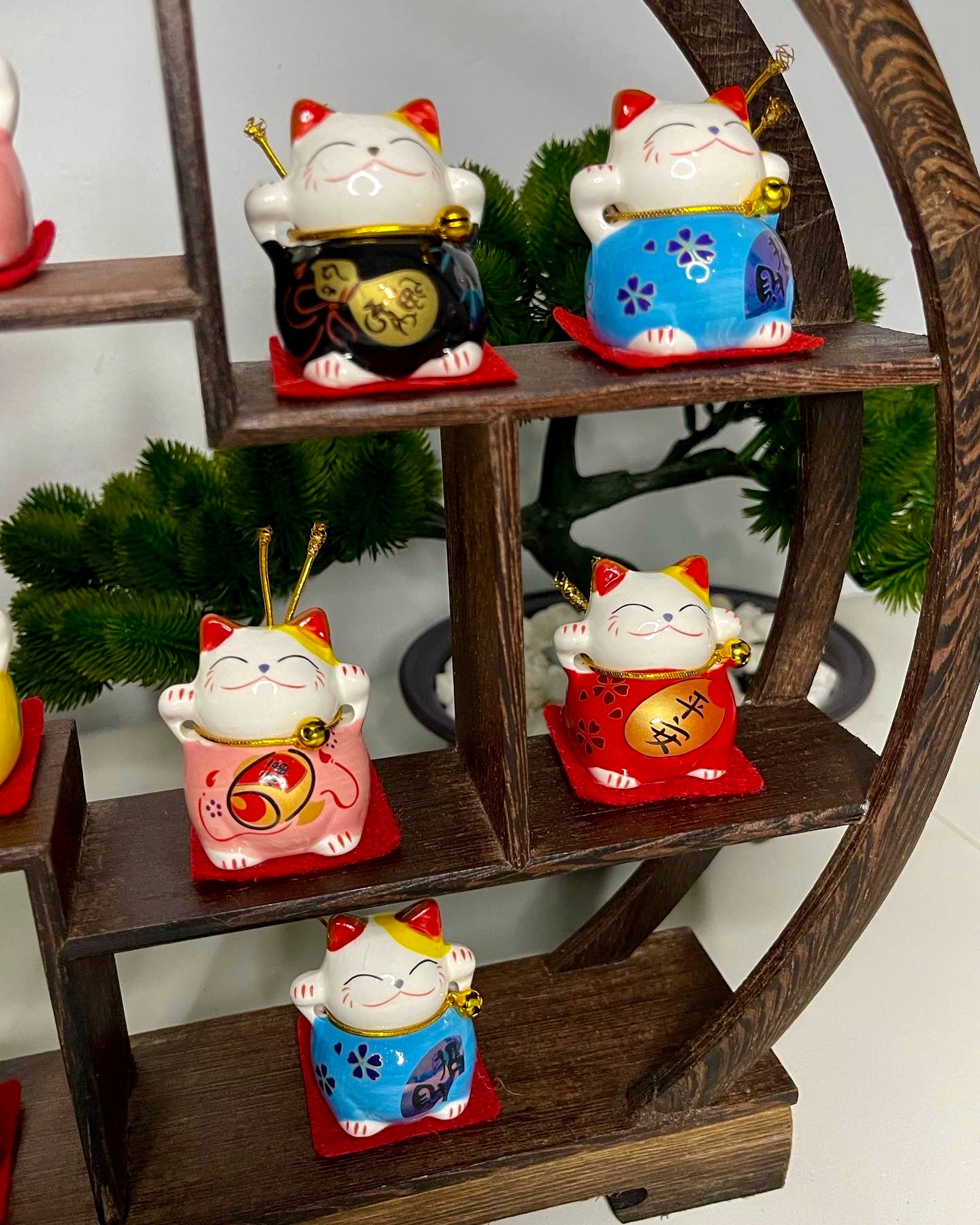 Maneki Neko Mini Lucky Cats / Mahogany Wooden Stand