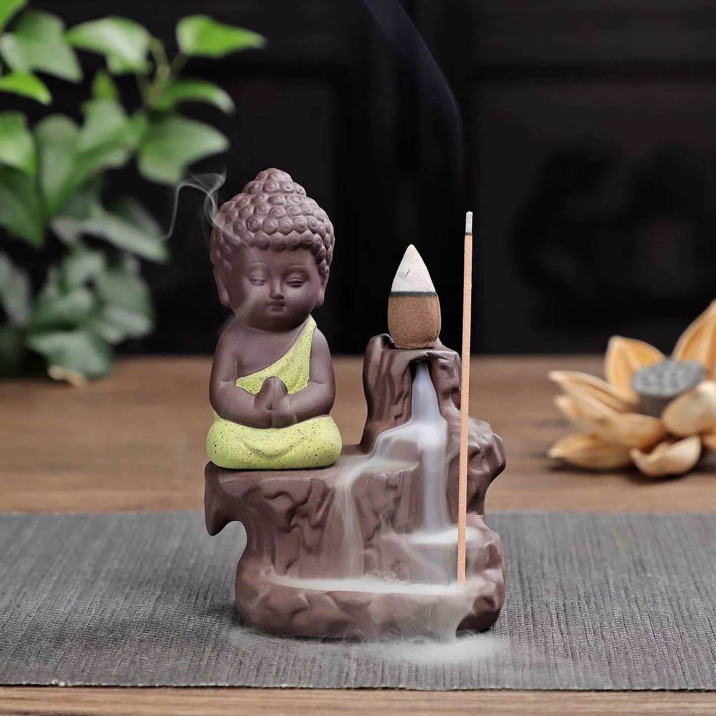 Ceramic Mini Buddha Designed Back-Flow Incense Holder + 10 Free Incense Cones