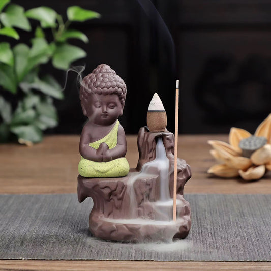 Ceramic Mini Buddha Designed Back-Flow Incense Holder + 10 Free Incense Cones