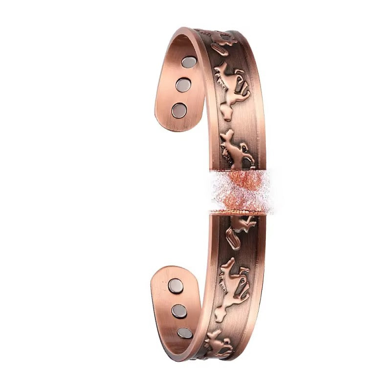 Adjustable Ultra Strength Pure Copper Magnetic Bracelet & Ring Set  (99.99% Copper) Embossed Running Horse Design