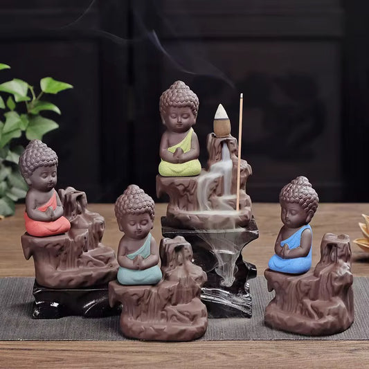 Ceramic Mini Buddha Designed Back-Flow Incense Holder + 10 Free Incense Cones