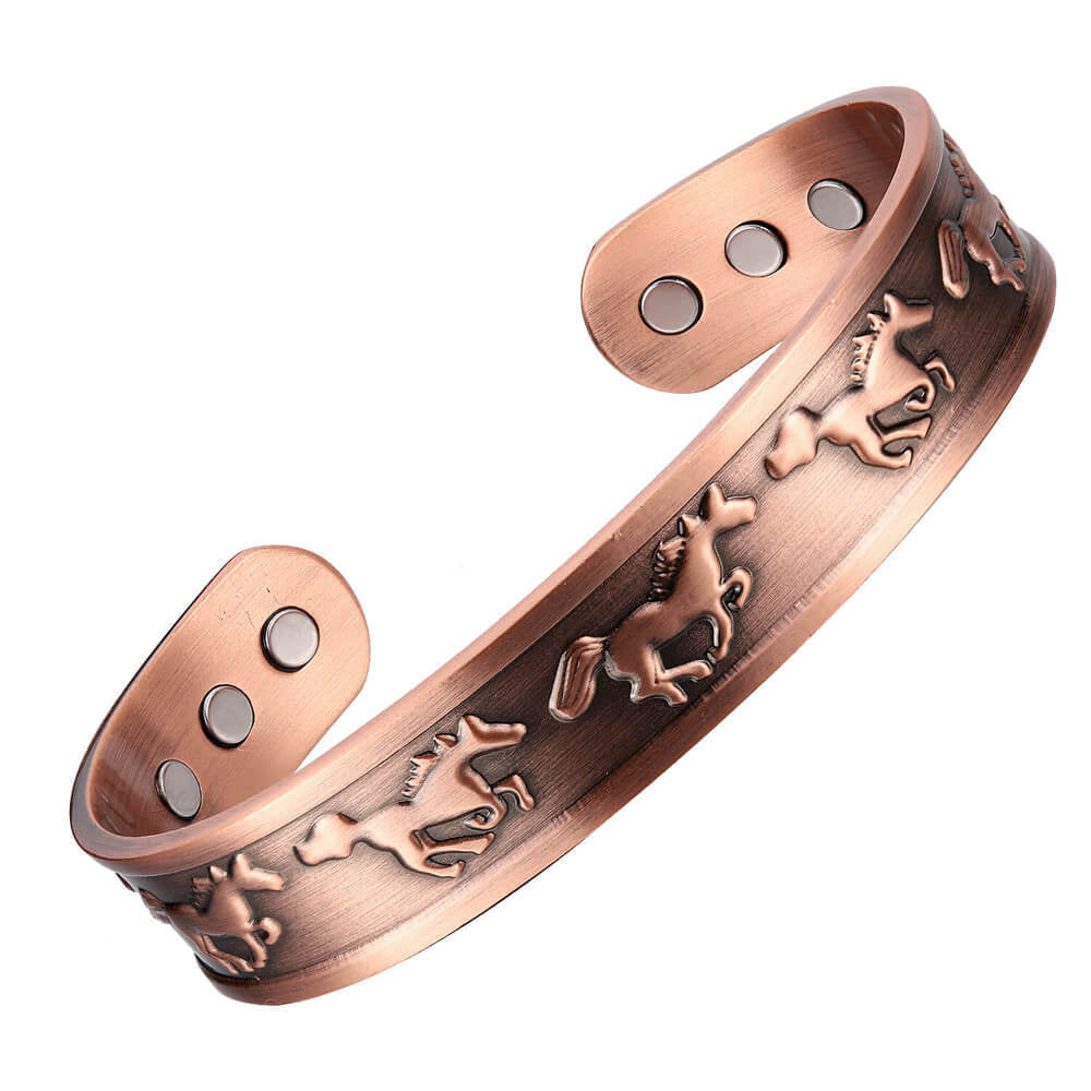 Adjustable Ultra Strength Pure Copper Magnetic Bracelet & Ring Set  (99.99% Copper) Embossed Running Horse Design