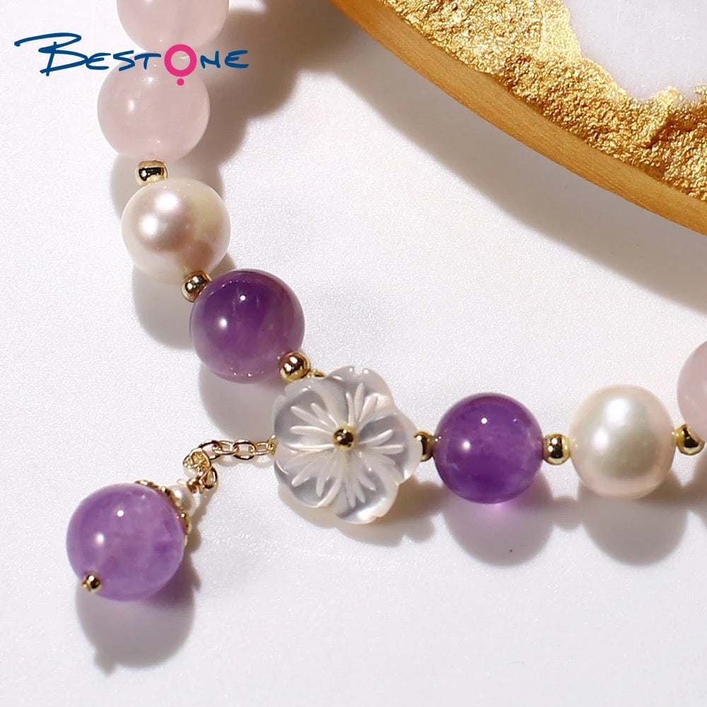 Rose Quartz Fresh Water Pearl & Amethyst Floral Charm Bracelet (8mm)