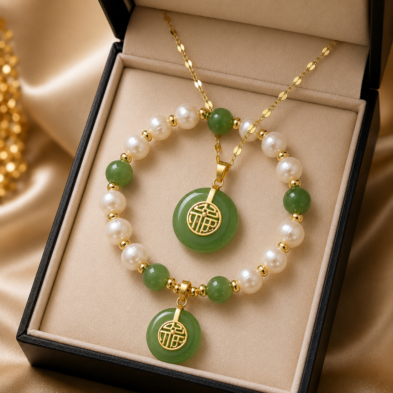 Chinese-Style Fresh Water Pearl Lucky Blessings Jade 2pc Set